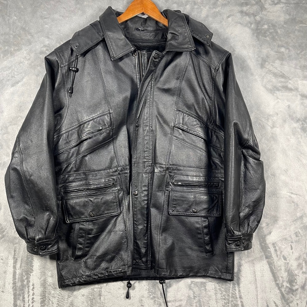Phase Two‎ Mens Black Leather Hooded Parka Jacket L Lined Moto Biker